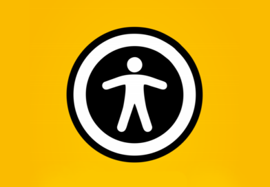Obrazek przedstawia symbol dostępności - człowiek na czarnym tle, w kółku. Jednolite tło, koloru żółtego